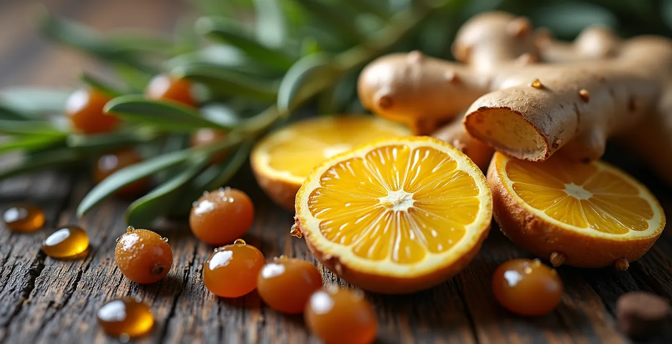 Macro photograph of natural cold and flu remedies arranged on a wooden surface