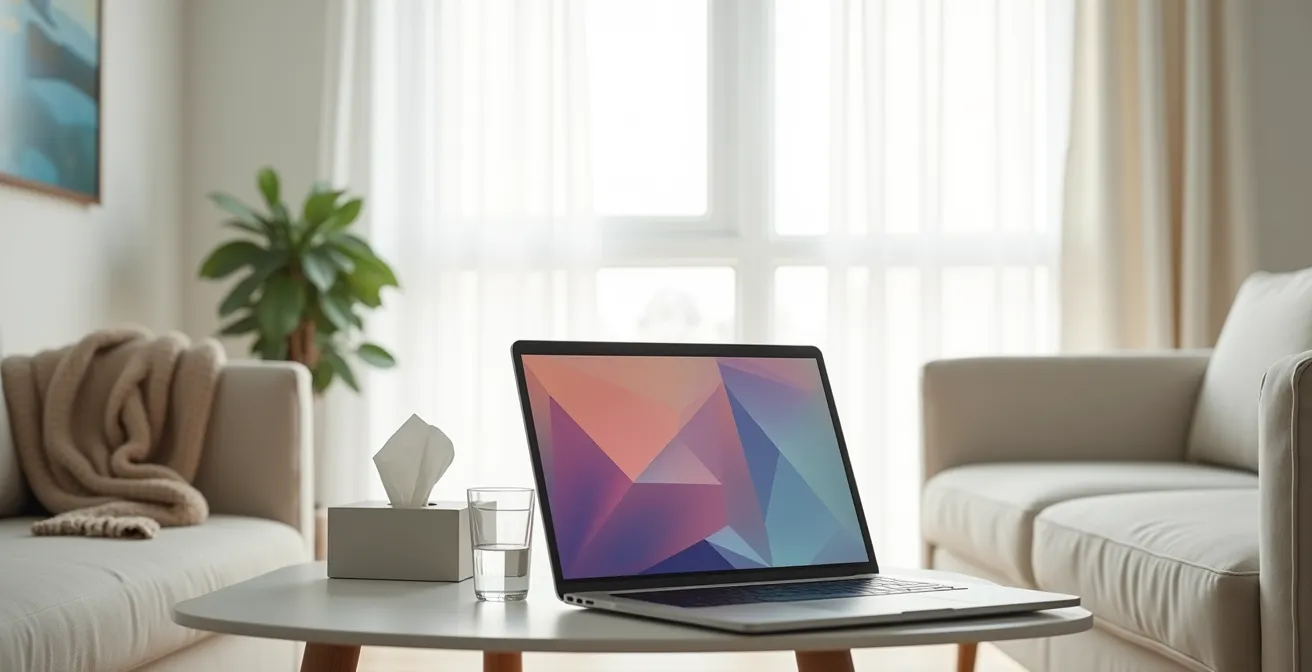 Wide shot of a modern living room with laptop set up for virtual medical consultation