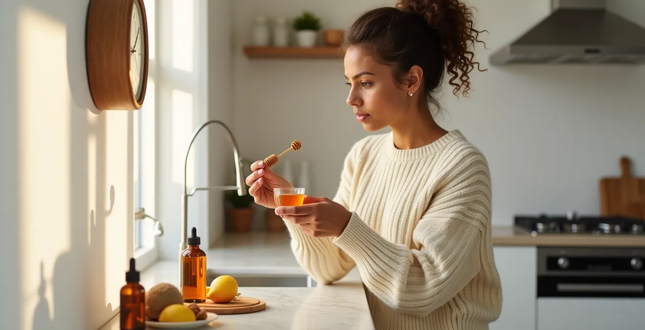 Person checking time while preparing natural cold remedies in a bright kitchen