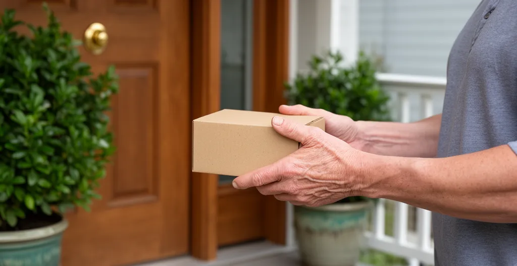 Person receiving delivery package at front door