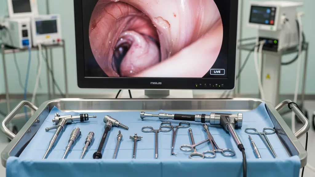 Arthroscopic knee surgery instruments and monitor display in operating theatre setup