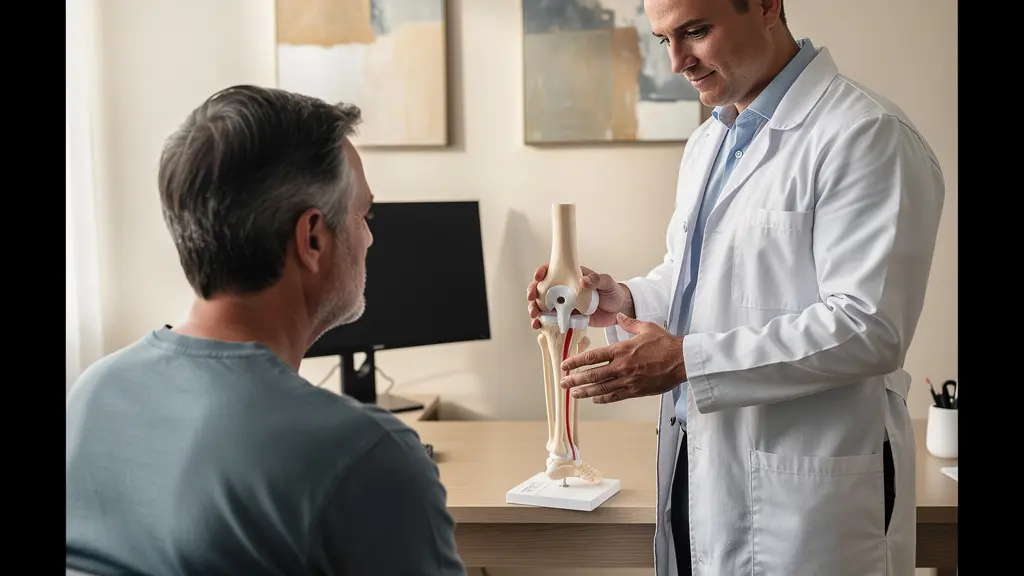 Orthopaedic surgeon explaining knee surgery options to patient in modern clinic consultation