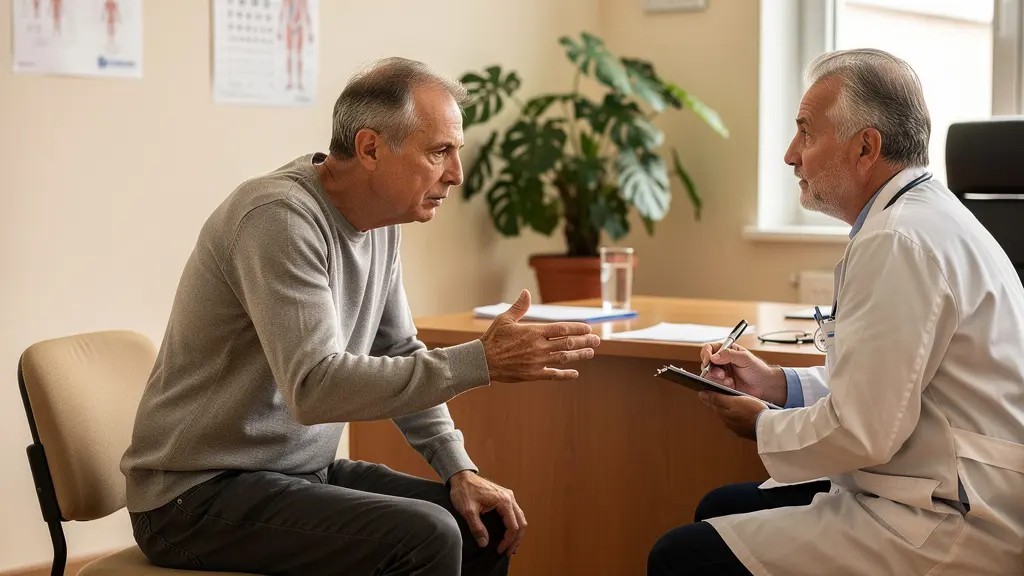 Patient discussing knee pain symptoms during GP consultation for orthopaedic referral