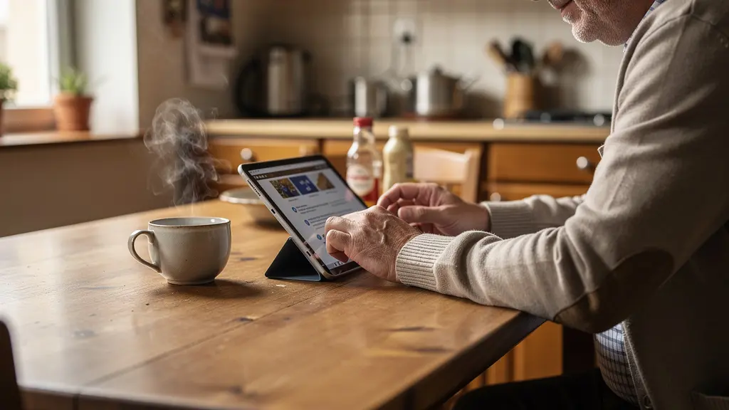 Patient reviewing medical information at home while preparing for upcoming knee surgery