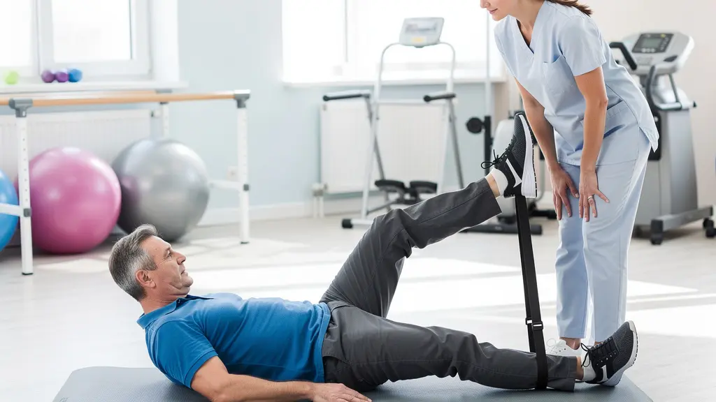 Patient performing knee rehabilitation exercises with physiotherapist guidance during recovery