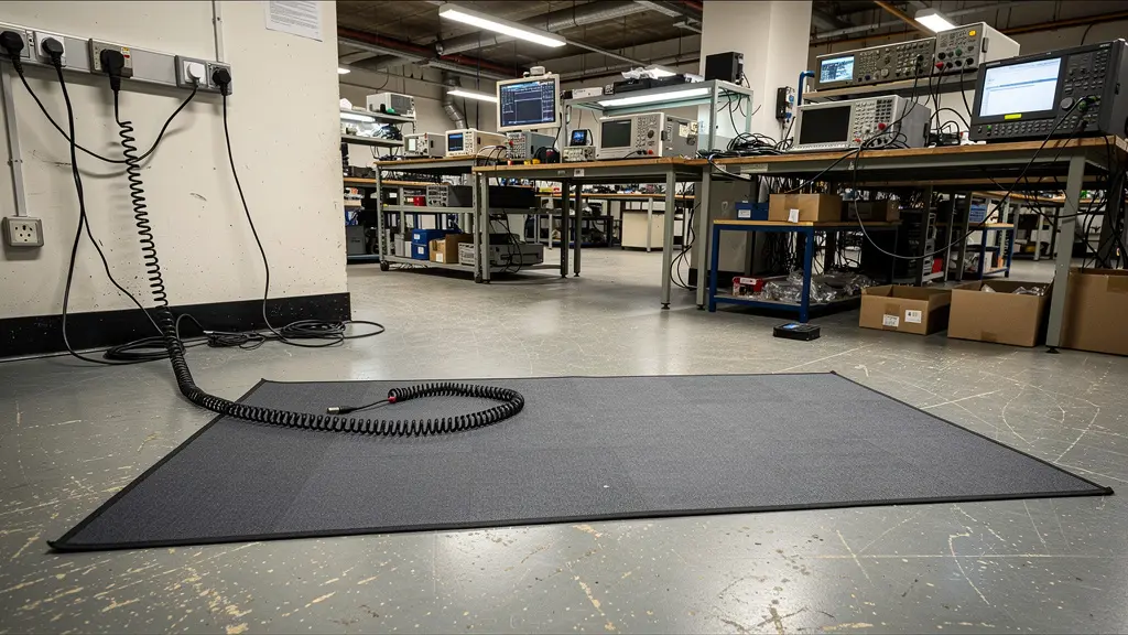 ESD dissipative floor mat installed in electronics workshop with grounding cord visible