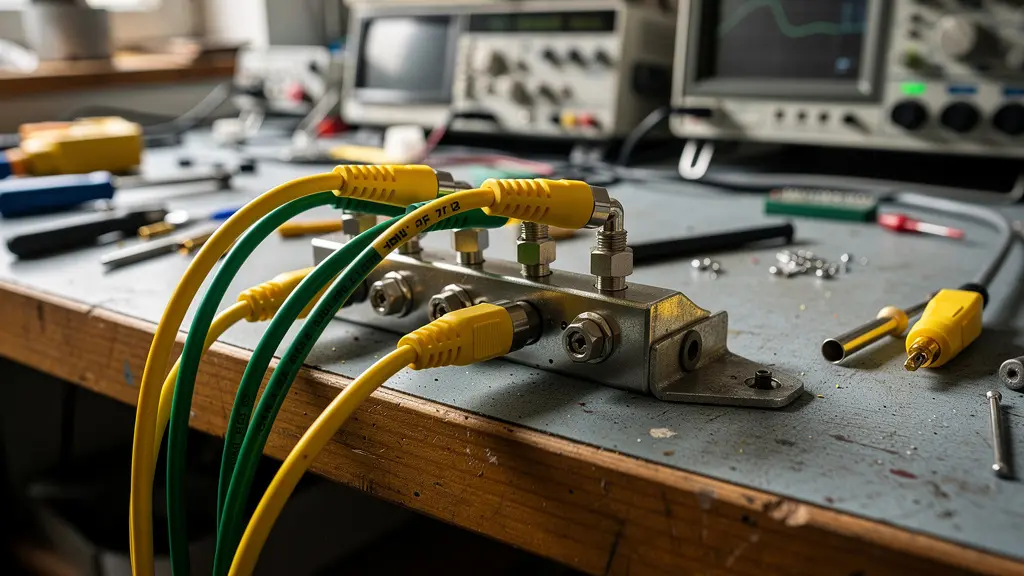 ESD grounding cables connected to common earthing point on workbench showing proper installation