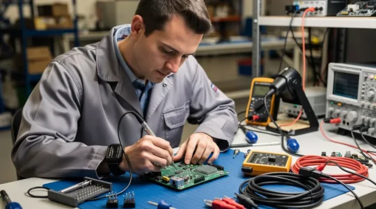 Technician working at ESD-protected workstation with grounded mat and wrist strap connection visible