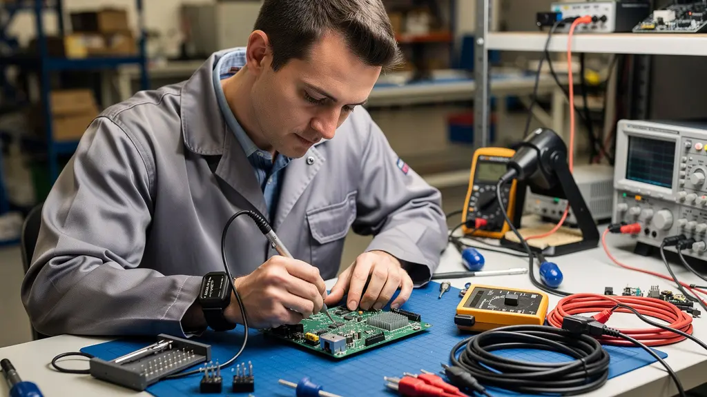 Technician working at ESD-protected workstation with grounded mat and wrist strap connection visible