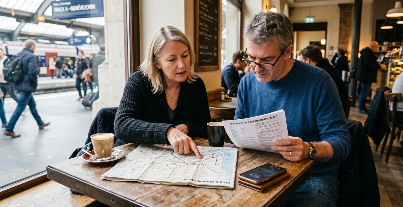 A couple plans travel and appointments at a café table near a station.