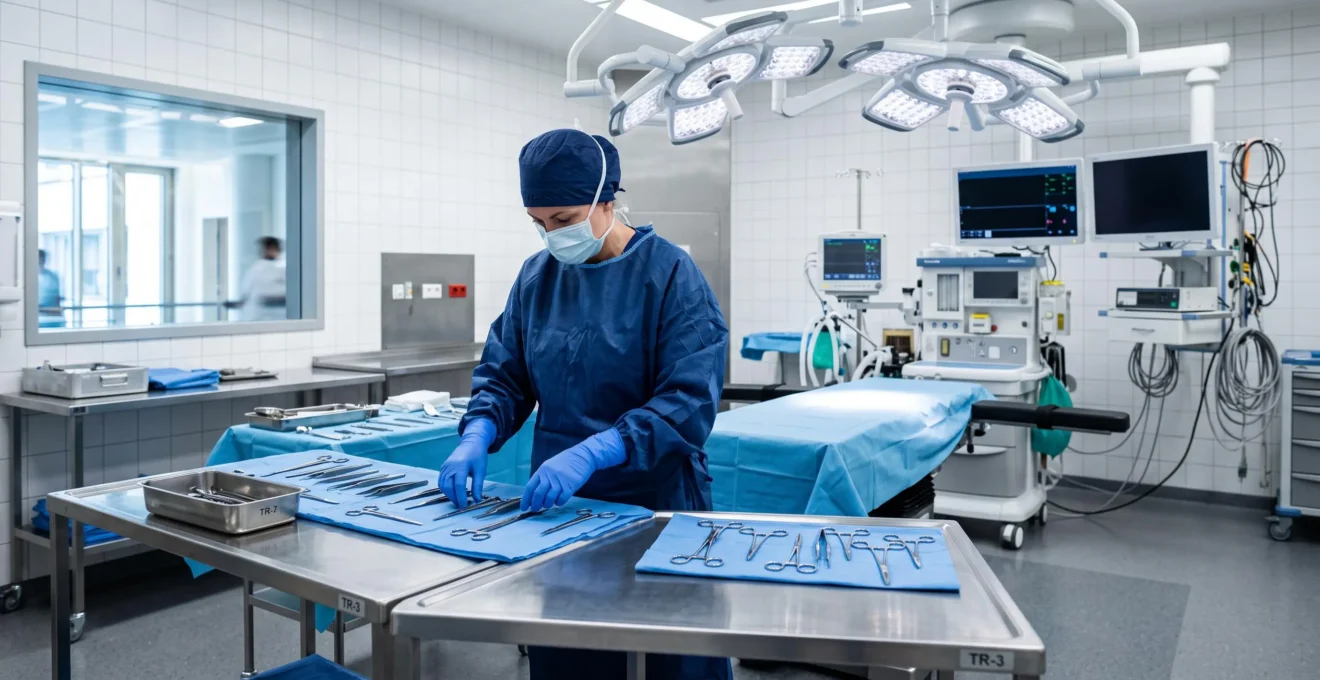 A scrub nurse checks sterile instruments in an operating theatre before surgery.