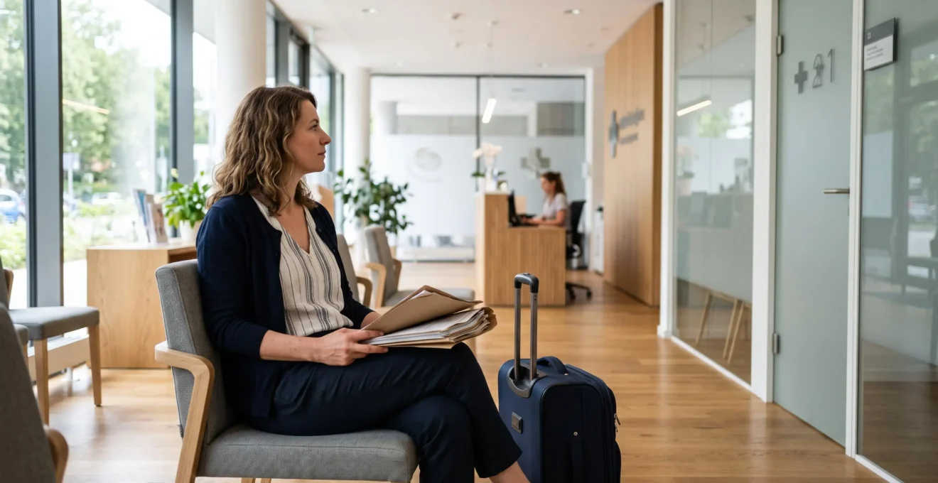 A patient waits with her documents in a modern European clinic reception area.