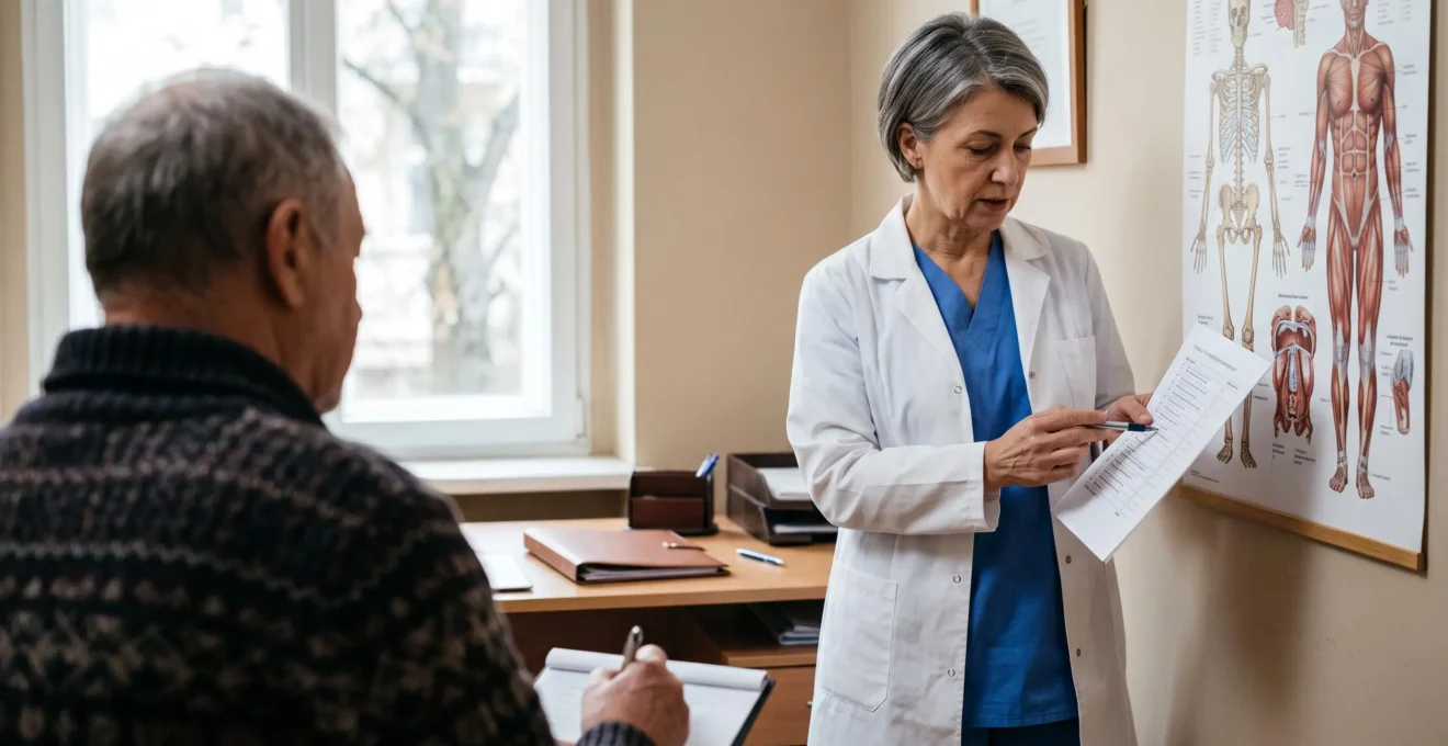 A surgeon explains a printed checklist to a patient taking notes in his office.